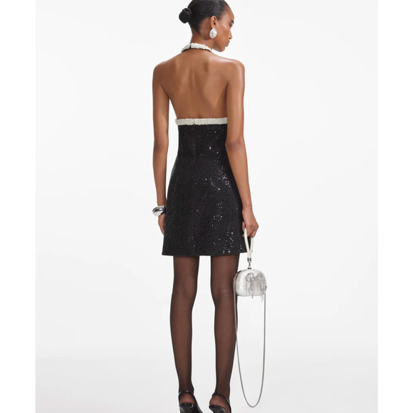 Self Portrait Black Boucle Pearl Trim Mini Dress US 6 - Picture 3 of 16